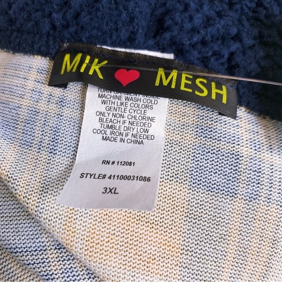 Mik Mesh Plaid Button Down Faux Sherpa Hoodie in Yellow Navy Blue Size 3XL - Picture 13 of 16